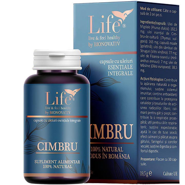 Supliment ulei esential integral Cimbru 165mg, pentru imunitate, respiratie, digestie si balonare, 30 capsule moi, Life Bio