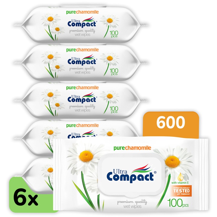 Servetele Umede Premium cu Musetel Pure Chamomile, 6 Pachete x 100 (600 buc), Grosime+ (43 gsm), Marime+ (16 x 19 cm), Ultra Compact