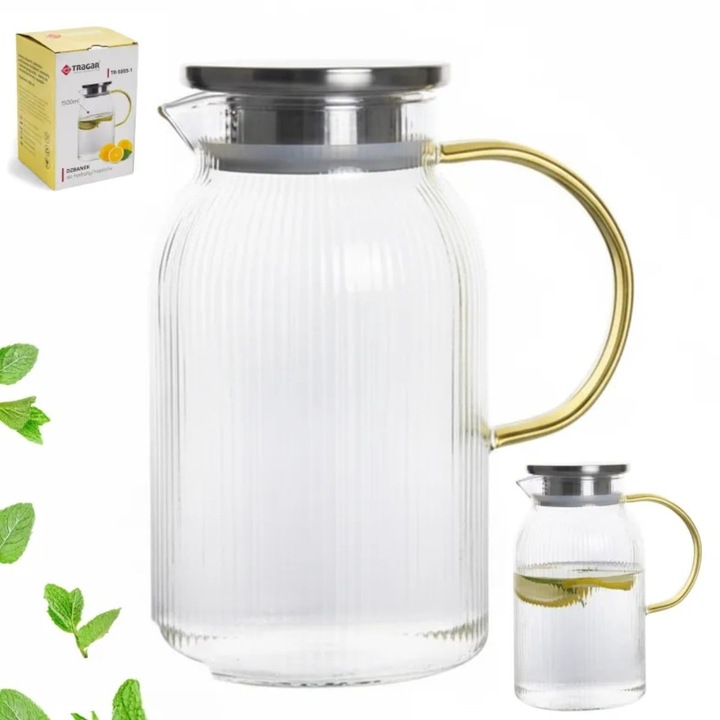 Cana de sticla pentru bauturi 1, 5 l cu capac metalic si maner auriu