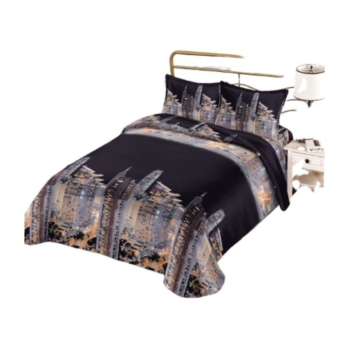 Ágynemű, 3D, 4 részes, gumis, 1 személyes 155x200 cm, kisváros mintával