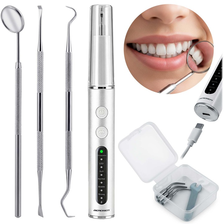 Ultrahangos fogkőeltávolító, Berdsen, 4 üzemmód, LED, fehér, teljes készlet fogászati eszközökkel