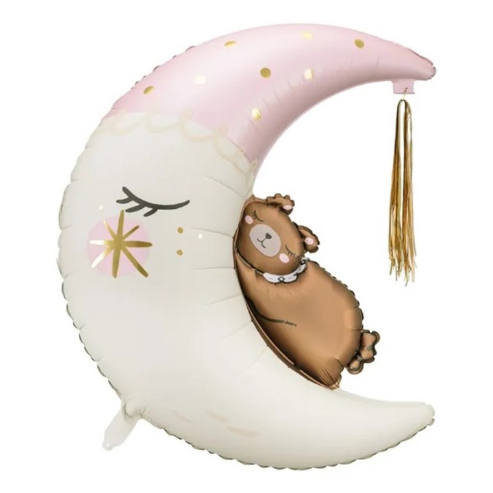 Fólia lufi, Luka, Maci a holdon, szett szívószállal és arany rojtokkal, 71x86cm