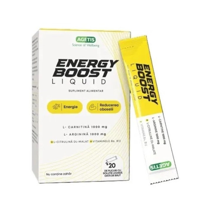 Complex lichid de Carnitina si Arginina in concentratie mare, Energy Boost cu aminoacizi si vitamina B6 si B 12, Agetis, 20 plicuri