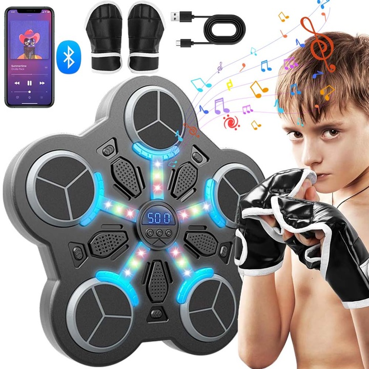 Masina de box muzicala, 3 viteze, neagra, set cu manusi de box Conexiune Bluetooth pentru redarea muzicii Tinta lovituri Box Incarcare USB