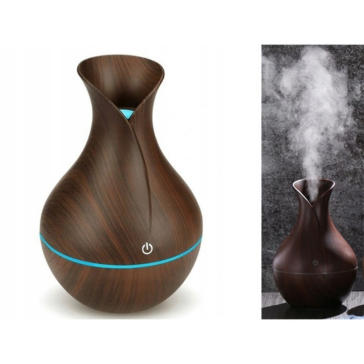 Umidificator ultrasonic, stejar închis, 200 ml, 15 cm, 7 culori LED