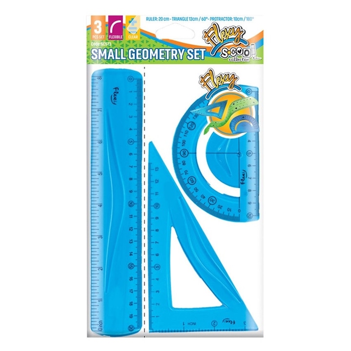 Set trusa geometrie S-Cool, 3 piese, riglă 20cm, plastic