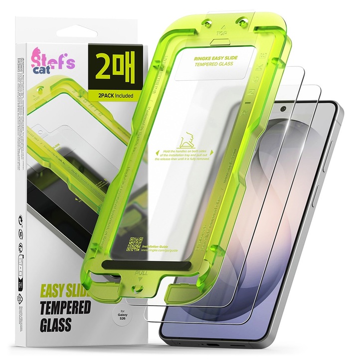 Folie Sticla Protectorie Stef's Cat pentru Samsung Galaxy S26, Set 2 Bucati, Transparent, Suport Montare Inclus