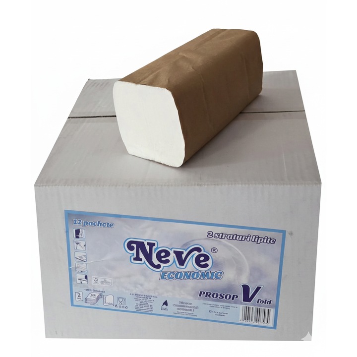 Bax prosoape hartie pliate in V (V-fold), albe, 2 straturi, 150 buc/set, 21X23 cm, 12 seturi / bax