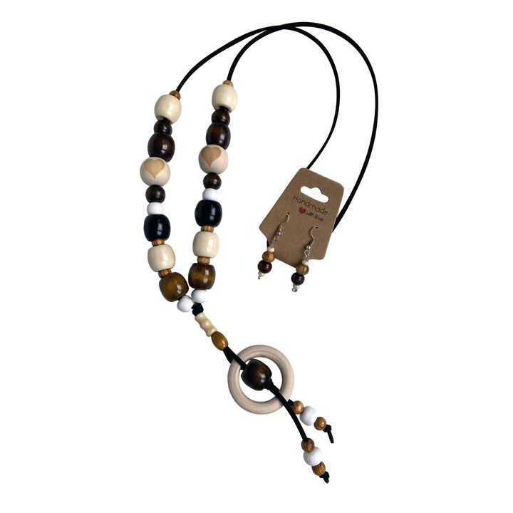 Set colier si cercei, handmade, 56/4 cm, lemn, multicolor