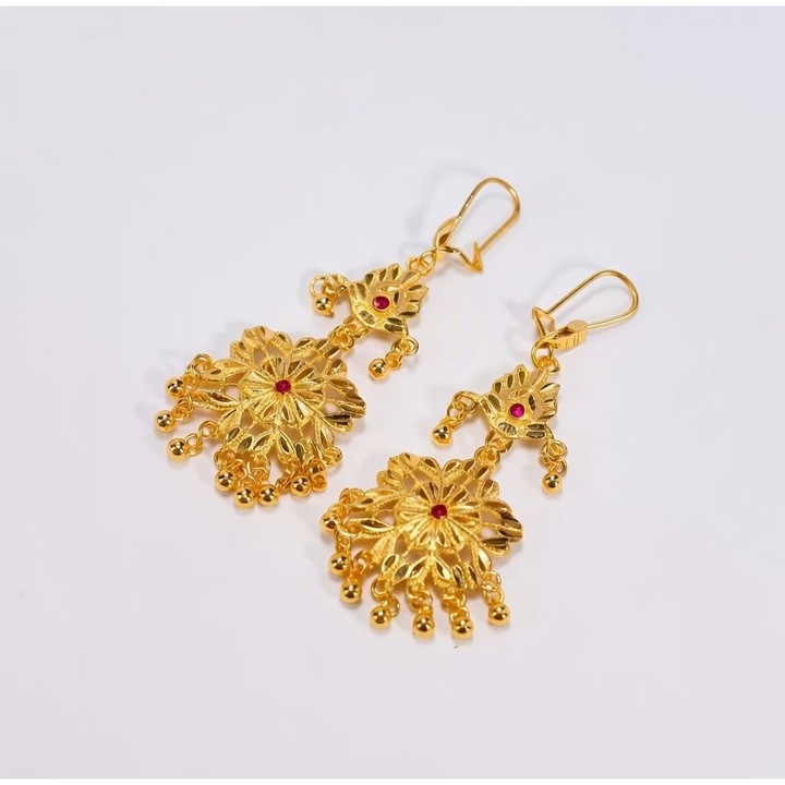 Cercei Dangle, Design Arabic, Cupru, Zirconiu Cubic Sintetic, Placati cu Aur Galben de 24k, Rosu