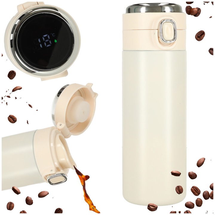 Cana termica cu capac, Luka, 420ml, bej, design elegant, display LED