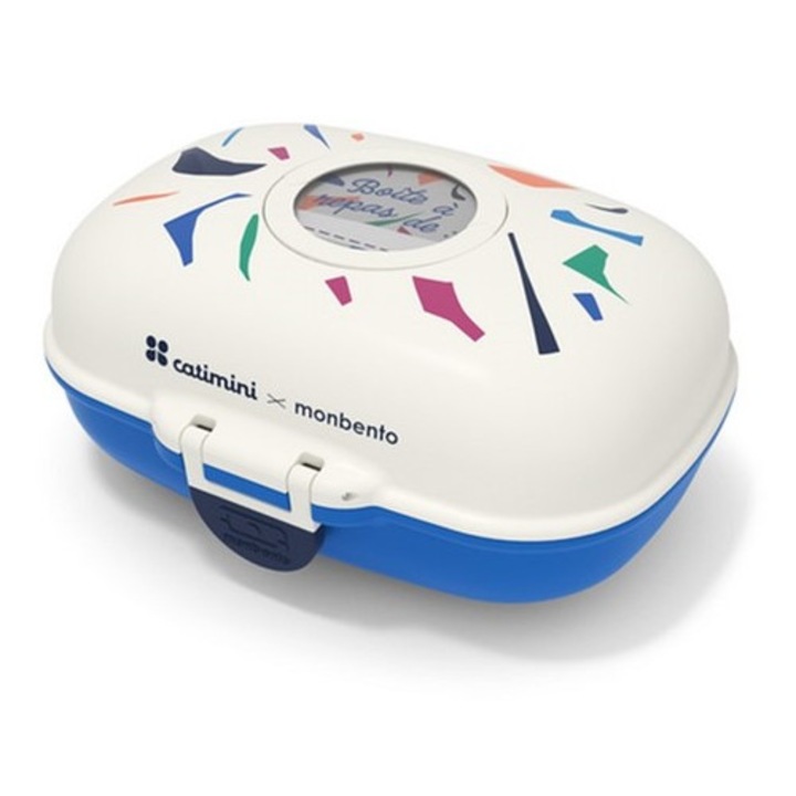 Cutie alimentara pentru copii, Monbento, Catimini, personalizabila, crema si albastra, 14,8x7x11,4cm