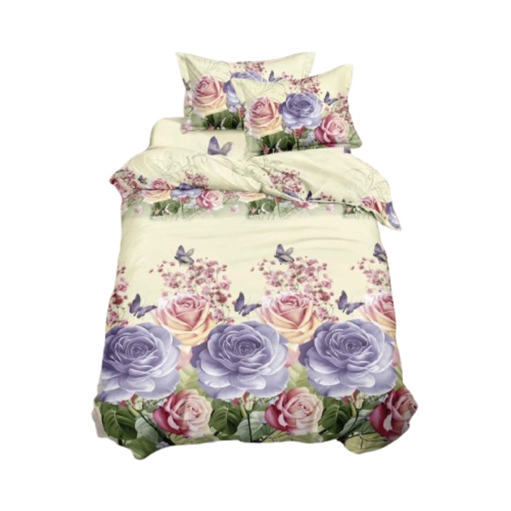 Ágynemű, 3D, 4 részes, gumis nélküli, 1 személyes 155x200 cm, színes rózsa mintás
