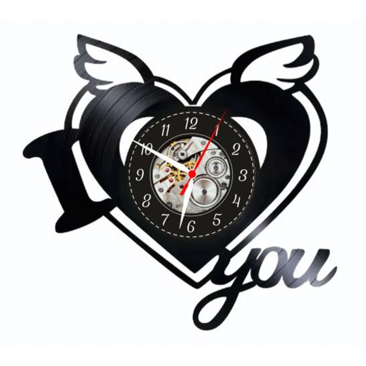 Dekoratív falióra, Szeretlek, szív szárnyakkal, fekete, kvarc mechanizmus