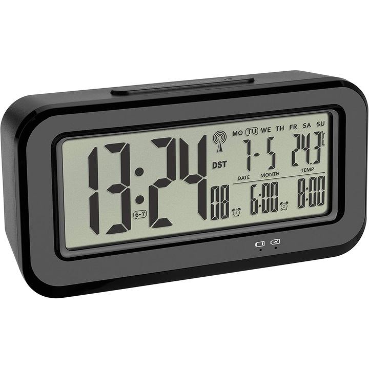 Ceas deșteptător digital TFA Dostmann Boxx, wireless, negru, reincarcabil USB, 142x45x73mm