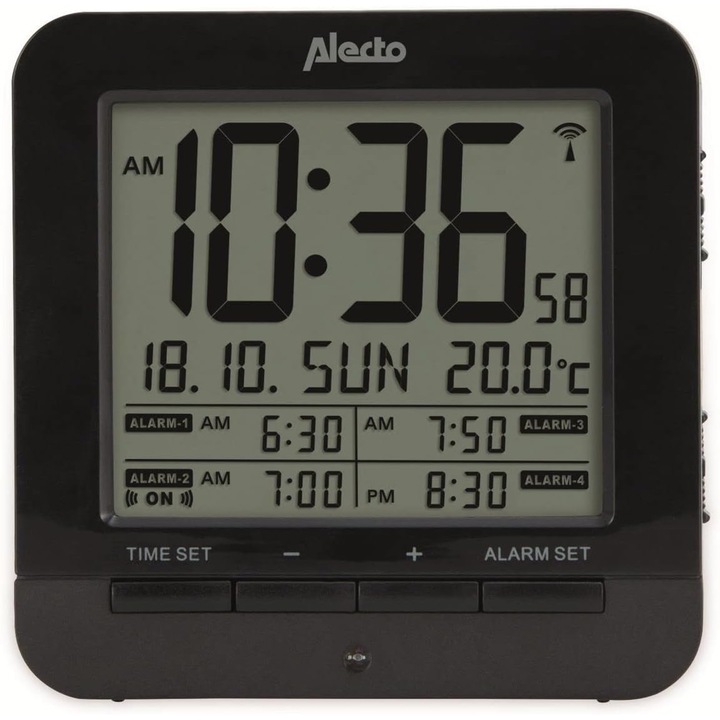 Ceas deșteptător Alecto AK-20, radio-controlat, termometru, iluminare tactilă, 9x9x3cm