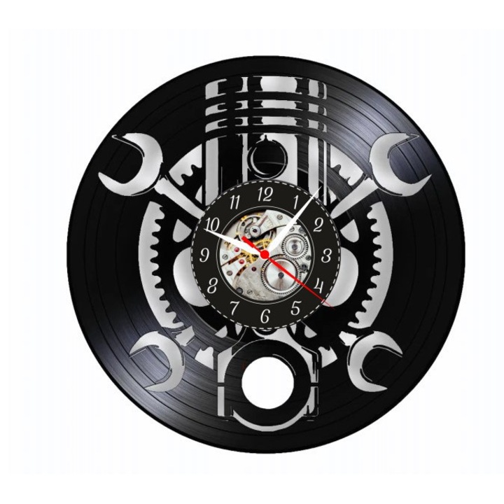 Dekoratív falióra, motor dugattyú és szerszám design, fekete, 30 cm, bakelit lemezből készült