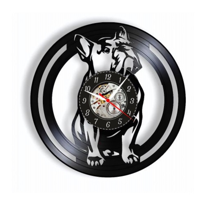 Ceas de perete decorativ, Bulldog Francez, Negru, 30 cm