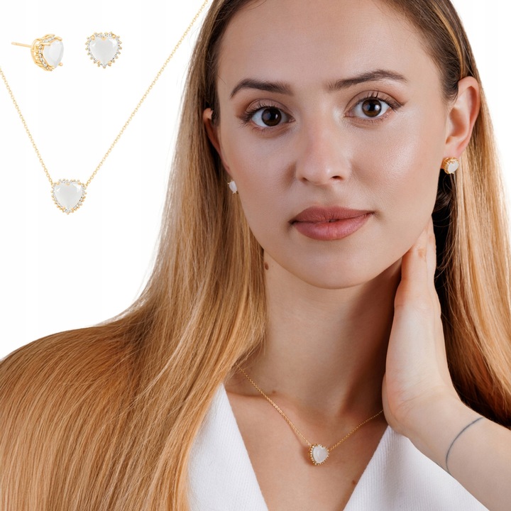 Set bijuterii Little Angel, colier și cercei in formă de inimă, auriu și alb, dimensiuni cercei 1, 1cm x 1, 1cm x 1, 1cm, lungime colier 44, 5cm