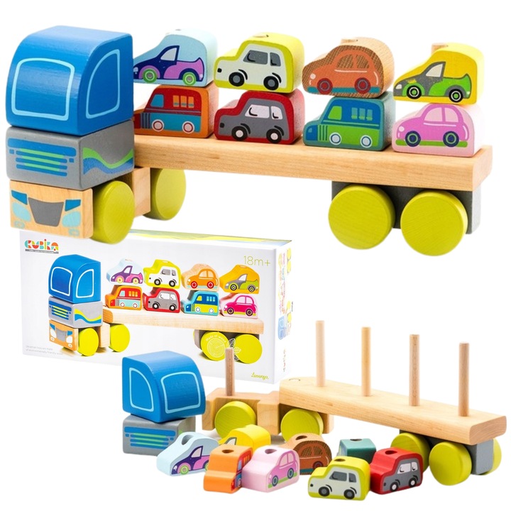 CUBIKA Строителен комплект, камион с ремарке и 6 блокчета, екологични цветове, 18м+