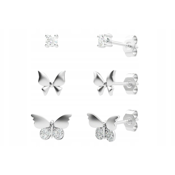 Set cercei argint 925, Fraise, 3 perechi fluturi cu zirconii, cutie cadou