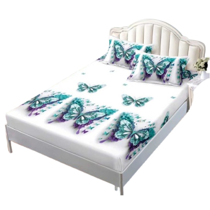 Husa de pat, cu elastic, 2 persoane, 180x200 cm, imprimeu fluturi