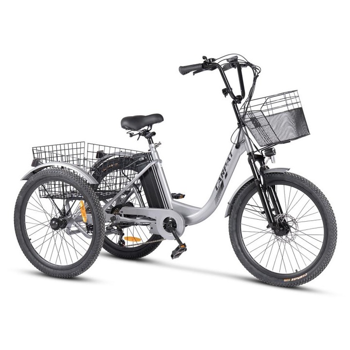 Tricicleta Electrica 24" cu Motor 250W, Baterie 48V 10.4Ah si 7 Schimbator Viteze Shimano – Cosuri Fata/Spate Incluse
