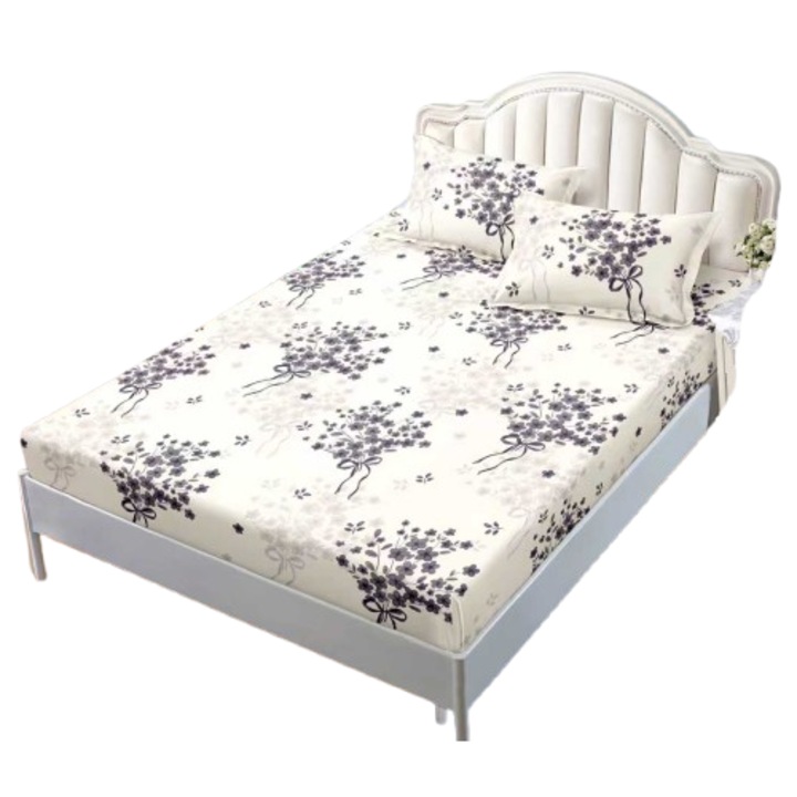 Husa de pat, cu elastic, 2 persoane, 180x200 cm, imprimeu buchetele