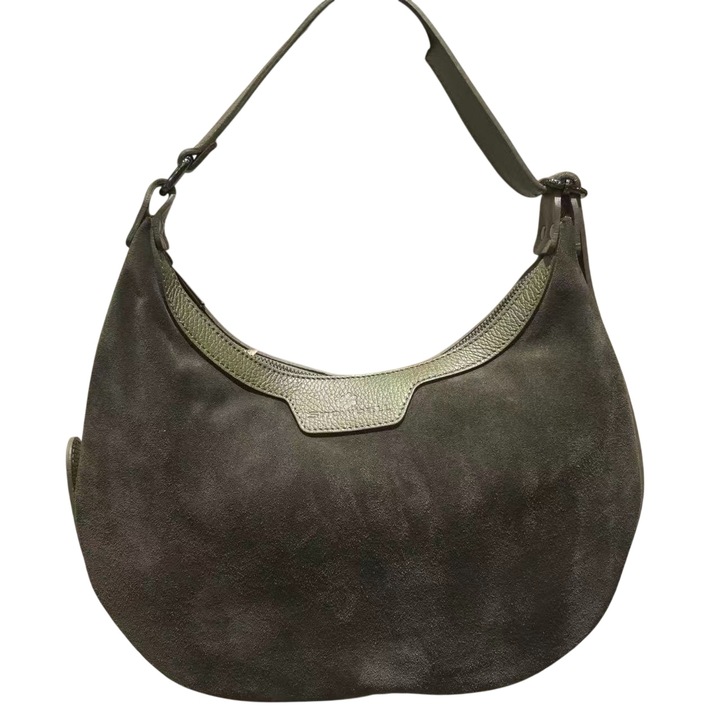 Geanta dama Snowball Julia din piele intoarsa, model semiluna, 29x34x6 cm, verde