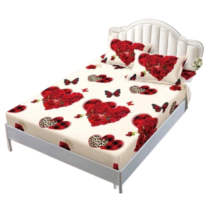 Lepedő, gumis, 2 személyes, 180x200 cm, virágos szívecskés minta