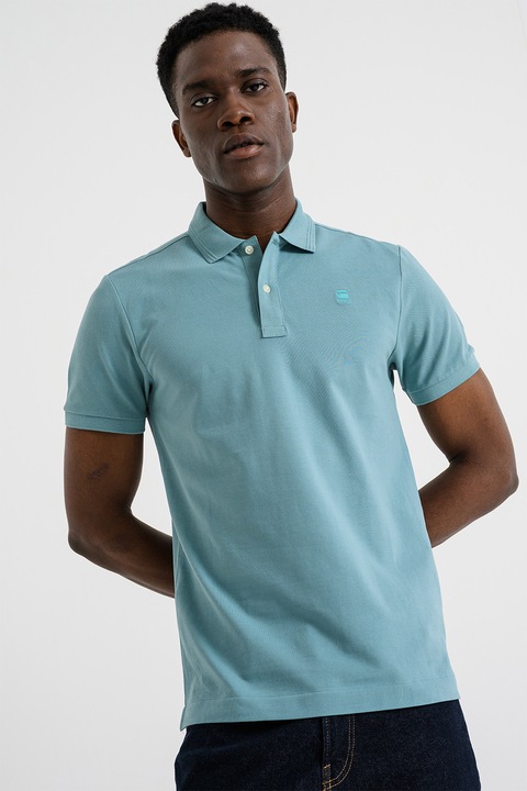 G-STAR, Слим тениска с органичен памук Dunda с яка и лого, Меланж минерално син