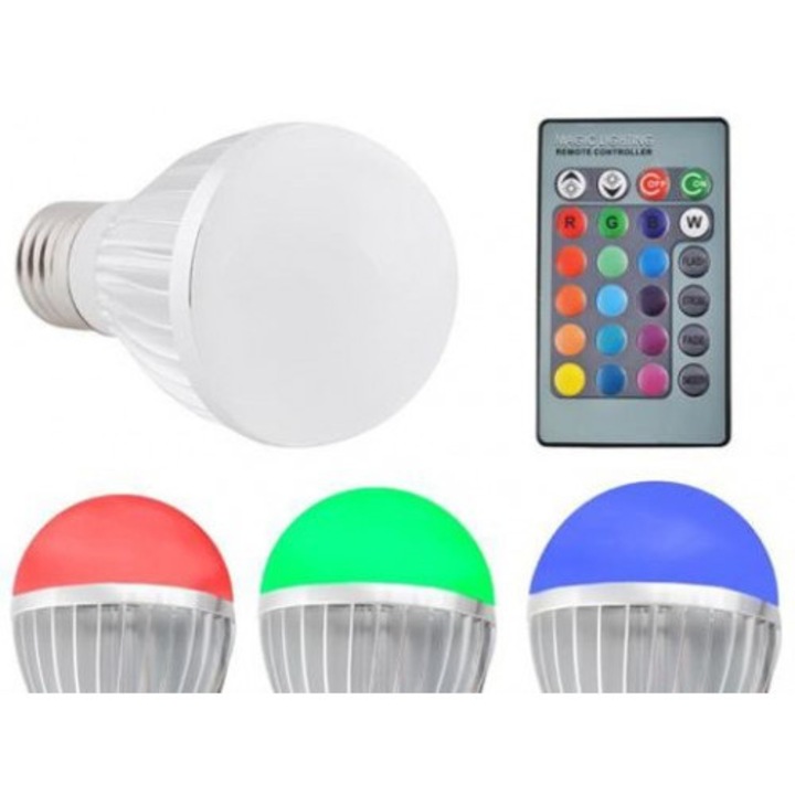 Bec LED RGB cu pilot, 16 culori, 3W, E27, 6x10cm, set