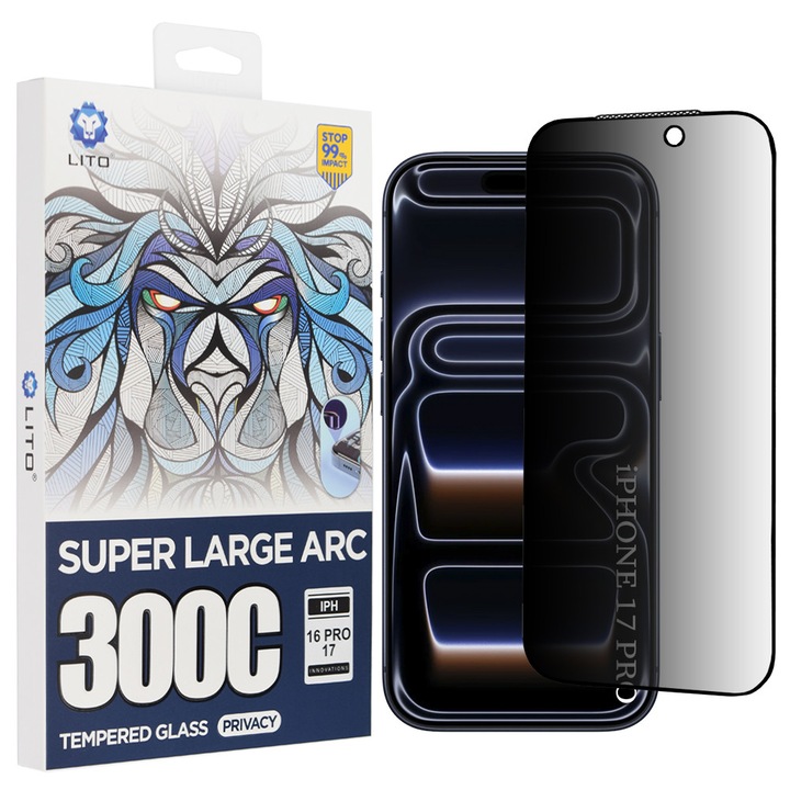 Folie telefon D+ Max Privacy, Lito, sticlă securizată, negru, iPhone 17 Pro