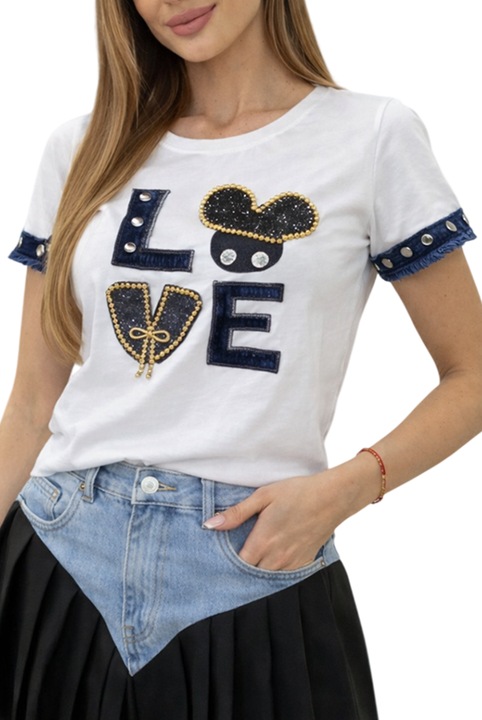 Női póló, LOVE mintával, fém rátétekkel, sötétkék díszítő részletekkel, "One Size" méret