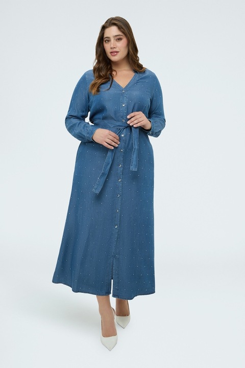 Fiorella Rubino, Rochie midi din lyocell si strasuri, Albastru prafuit