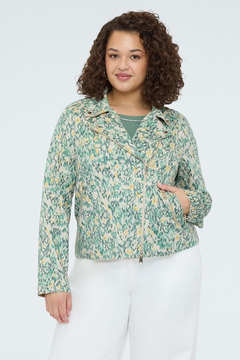 Fiorella Rubino, Jacheta cu fermoar si imprimeu grafic, Alb fildes/Galben pal/Verde deschis