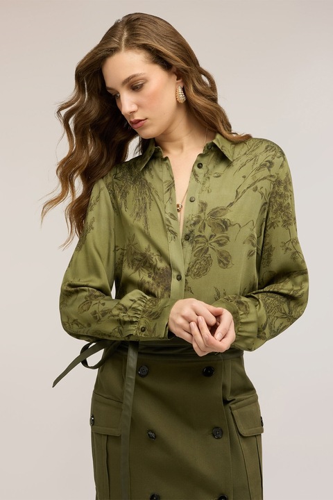 Motivi, Camasa cu model floral si guler, Verde feriga