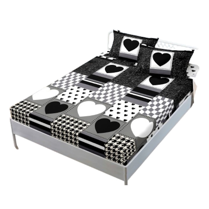 Gumírozott lepedő, 2 személyes, 180x200 cm, szívecskés és kockás mintával