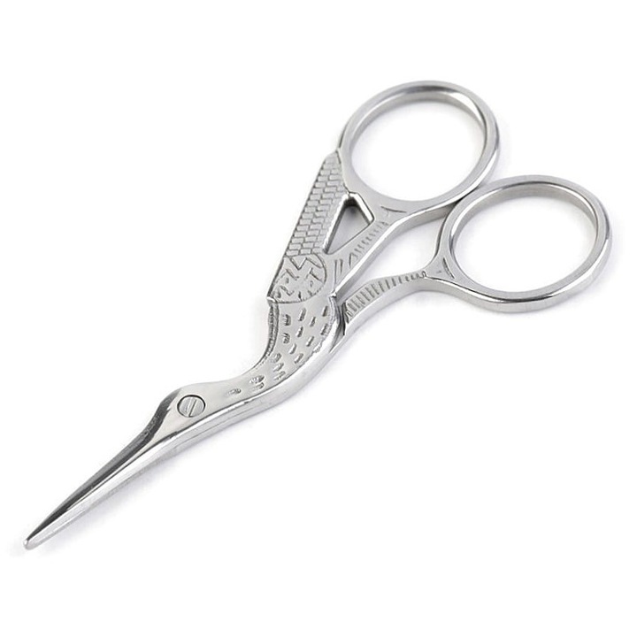 Hímzőolló, Kufer, 9cm, gólya design, ezüst