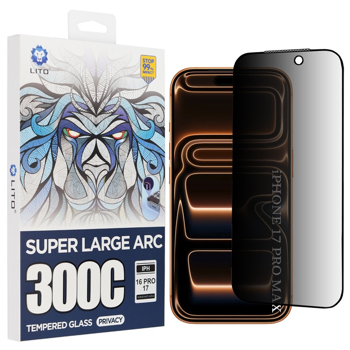 Folie telefon Lito D+ Max Privacy, sticlă securizată, negru, pentru iPhone 17 Pro Max
