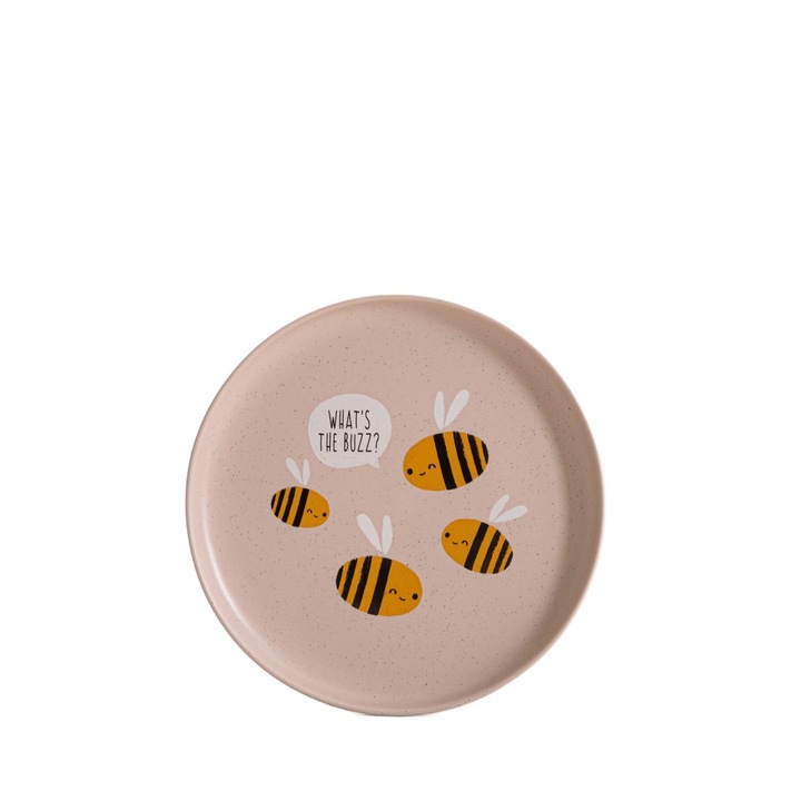 Rózsaszín tányér méhecskével, 19 cm, HOMLA, porcelán, vidám design