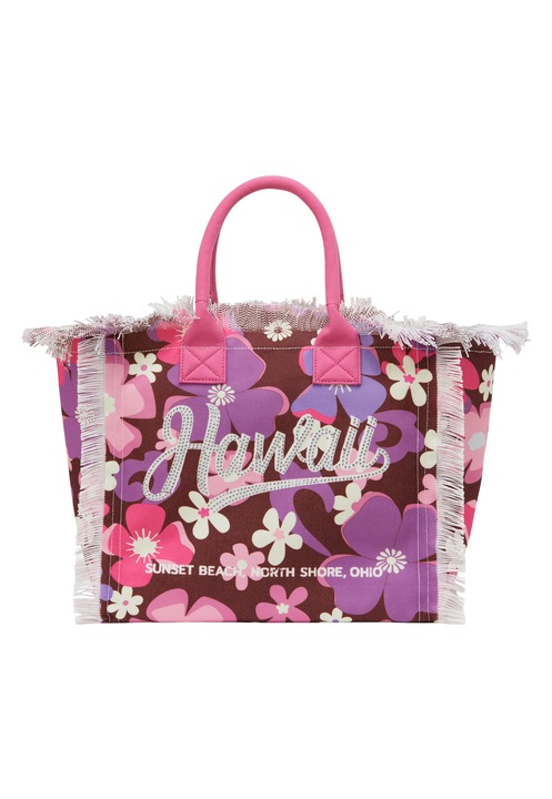 Női tote táska, Joella, fukszia, univerzális méret, trópusi mintás, rojtokkal