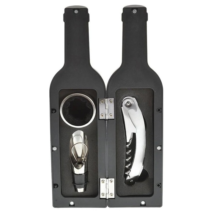 Комплект аксесоари за вино в метална кутия, 63x236мм, черен, модел бутилка