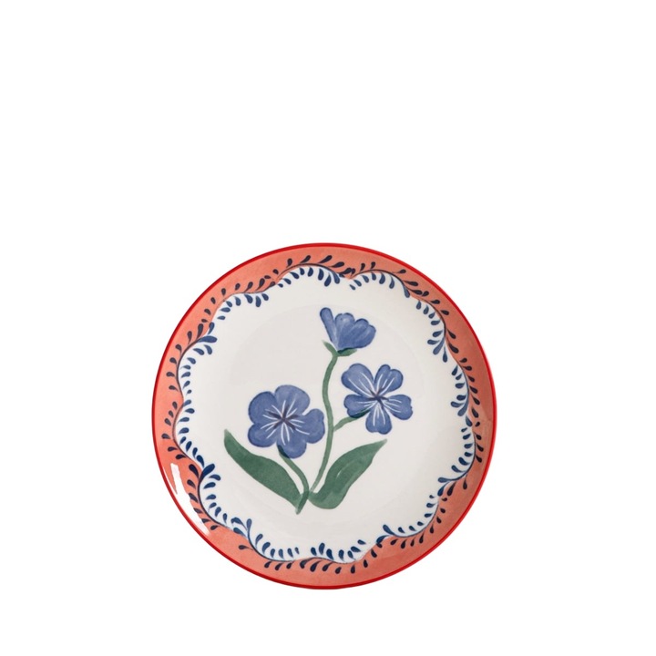 Чиния за десерт LIMK, 20 см, сини цветя, червен кант