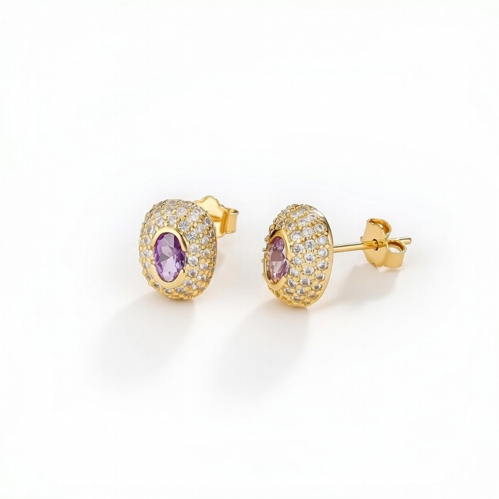 Cercei stud eleganți, zirconiu cubic sintetic, cupru, placati cu aur galben de 18k, mov deschis