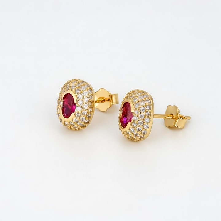 Cercei Stud, zirconiu cubic sintetic, placati cu aur galben de 18k, fucsia, set