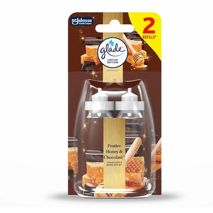 Пълнител за ароматизатор Glade Sense & Spray, празничен мед и шоколад, комплект 2x18 мл