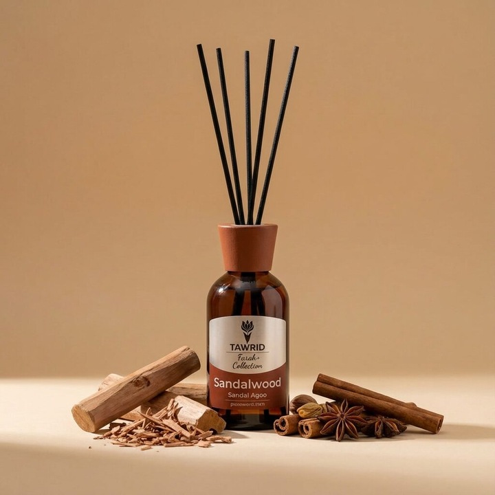 Odorizant cameră cu betisoare, Farah, lemn de santal, 100ml, utilizare simplă, design elegant