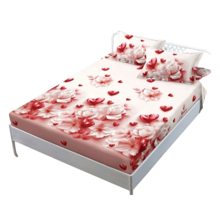 Husă de pat 2 persoane, 180x200 cm, imprimeu fluturi movi, material bumbac satinat