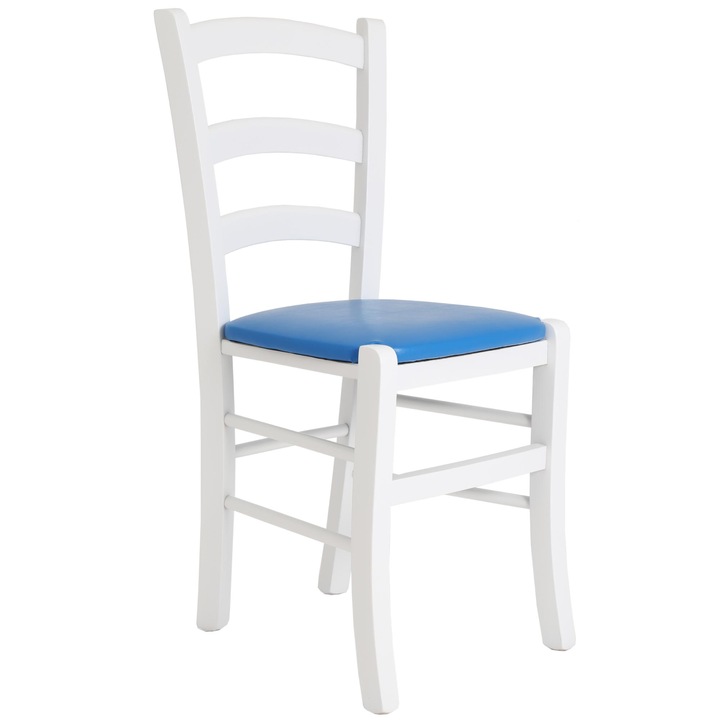 Paesana szék, kárpitozott, fehér váz, kék műbőr, 88x43x45cm